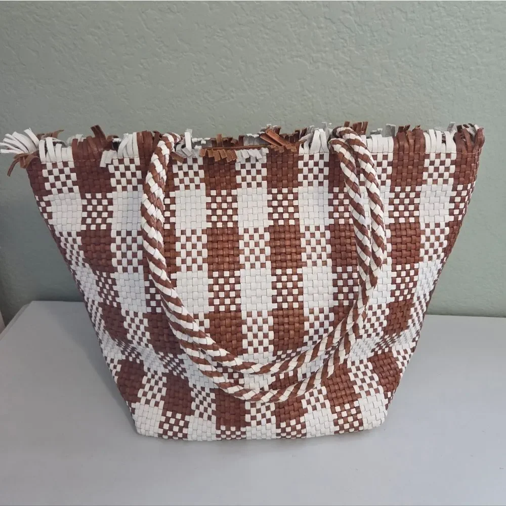 Loeffler Randall Woven Leather Brown & White Tote Bag - Picture 1 of 14